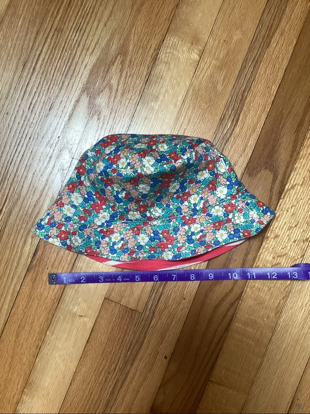 Mini Boden Red White Stripes Liberty Floral print Reversible Sun Hat size medium